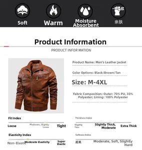 Detailed spec sheet for men's brown PU leather jacket showing fabric composition and size