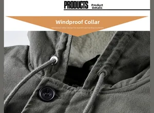Détail d'une parka vert armée avec doublure en sherpa chaud et capuche coupe-vent