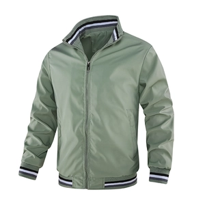 Front view of men's sage green bomber jacket with striped ribbed collar and cuffs
