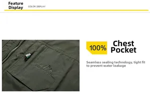 Detail of waterproof olive green fishing vest with seamless taped zipper and outdoor embroidery