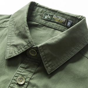 Army green military style cotton short sleeve shirt with premium collar and button details
