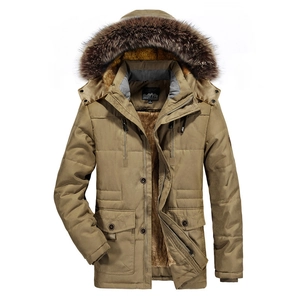 Herren Winterparka in Khaki mit dickem Fleece-Futter und Kunstpelz an der Kapuze