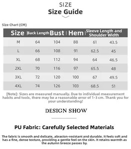 Detailed size chart for men's PU leather biker jacket showing dimensions from M to 4XL