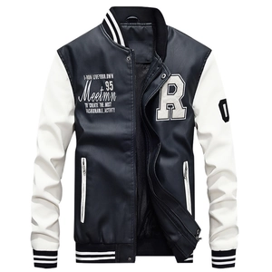Men's faux leather varsity jacket with letter R patch and striped rib knit details