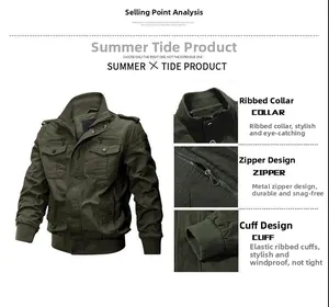 Detail view of military green cotton jacket showing ribbed collar, zipper and elastic cuffs