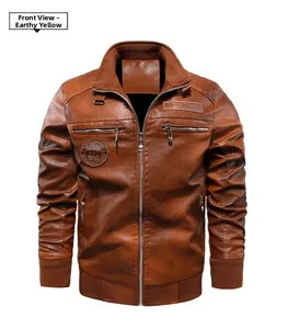 Front view of khaki men's faux leather jacket with rib-knit cuffs and badges