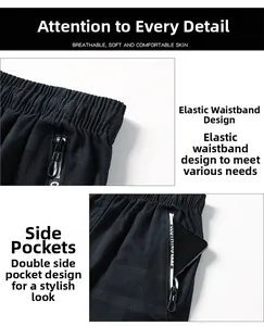 Detail of men's cotton shorts featuring elastic waistband and zippered side pocket detail