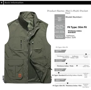 Detail view of army green outdoor vest showing multi-pocket design and nylon fabric texture