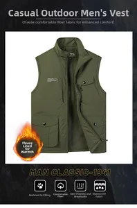 Detail of army green outdoor vest showing stand collar, fleece lining, and functional pockets