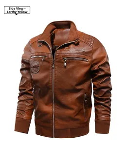Side view of tan faux leather biker jacket with stand collar and ribbed knit cuffs