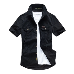 Men's cotton short-sleeve cargo shirt in black with double chest pockets and brand labels