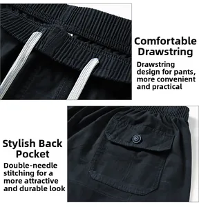 Detail of navy plaid cotton shorts featuring elastic drawstring waist and buttoned back pocket