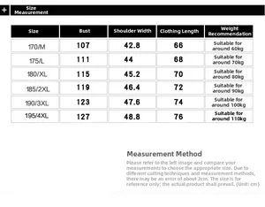 Detailed size chart for men's outdoor fishing vest showing measurements from M to 4XL