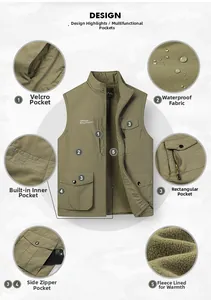 Detail view of waterproof army green outdoor vest with fleece lining and multi-pocket design