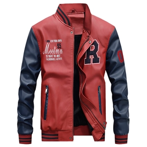 Men's retro PU leather varsity jacket with red and navy contrast sleeves and R embroidery