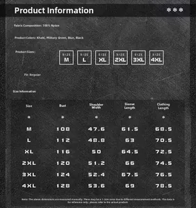 Detailed size chart for men's outdoor casual jacket including chest and length measurements