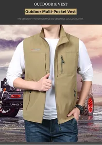 Detail view of khaki quick-dry outdoor vest with multi-pocket design and zipper