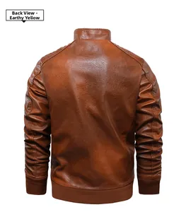Back view of men's stand collar leather jacket in tan with quilted shoulder details