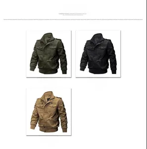 Detailed close-up of multi-pocket cotton cargo jackets in army green, black, and khaki colors
