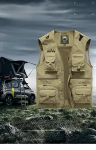 Detail view of khaki quick-dry fishing vest with breathable mesh back and multi-pockets