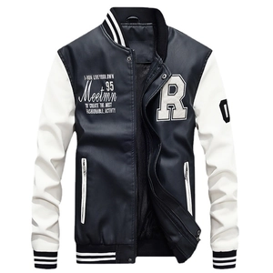 Men's varsity PU leather jacket with contrast sleeves and letter embroidery in navy and white