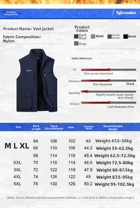 Detailed size guide table for fleece lined outdoor thermal vest from M to 5XL