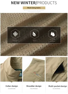Detail of khaki quick-dry vest showing breathable mesh lining and shoulder embroidery