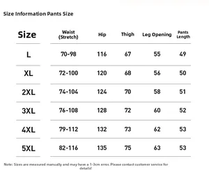 Size chart for men's cotton shorts showing waist and hip measurements from L to 5XL