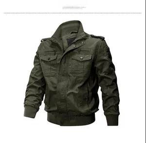 Detail of olive green military jacket showing standing collar and functional chest pockets