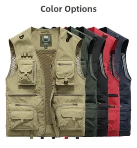 Detailed color display of multi-pocket mesh outdoor vests in five different colors