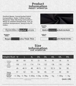 Size guide for men's casual bomber jacket showing measurements from M to 6XL in detail