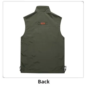 Detail view of military green outdoor vest featuring adjustable drawstrings and back leather patch