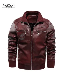 Close-up of brown faux leather jacket with rib-knit cuffs and metal zipper details