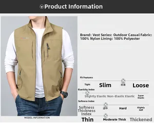 Detail showing khaki quick-dry nylon vest with stand collar and zipped chest pocket
