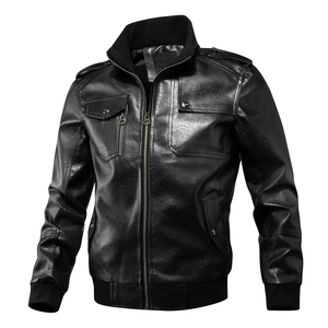 Men's slim fit black PU leather biker jacket featuring a stand collar and ribbed cuffs