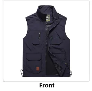 Detail of multi-pocket outdoor fishing vest showing mesh lining and outdoor embroidery
