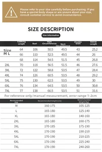 Detailed size chart for quick-dry fishing vest with measurements from M to 7XL range