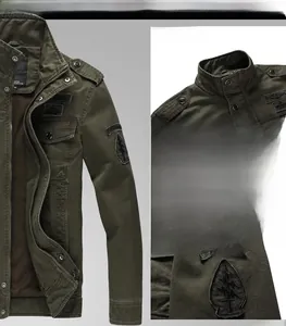 Detail of military style jacket featuring embroidered airborne eagle patches and stand collar