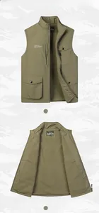 Detail view of khaki thermal outdoor vest with thick fleece lining and multi-pockets