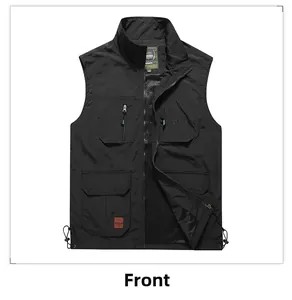 Front view of black outdoor vest featuring multi-pockets and waterproof nylon fabric
