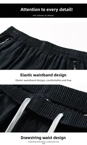 Detail of men's cotton shorts showing elastic waistband with bicolor drawstring and zip pocket