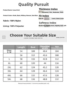 Detailed size chart for quick-dry mesh fishing vest showing measurements from S to 5XL