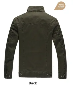Detail view of the back of a men's military flight jacket in olive green canvas material