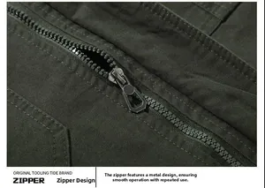 Detail of durable black metal zipper and olive green twill canvas on cargo jacket