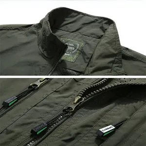 Detail of army green fishing vest featuring a durable stand collar and quality sports zipper