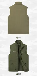 Detail view of khaki and army green fleece vests with zipper and freedom print pockets