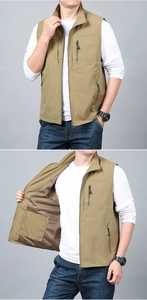 Detail view of khaki quick-dry vest showing breathable mesh lining and interior pocket