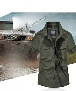 Detail view of the chest pocket with OFF-ROAD embroidery on military green cotton shirt