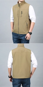 Detail view showing khaki outdoor vest with stand collar, zipper pockets, and embroidery