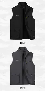 Detail view of black and grey fleece-lined windproof outdoor vests with utility pockets